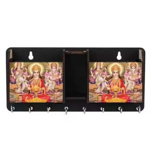 Image of Vintage Collection Wooden Key Holder for Wall, Wall Mounted Key Stand with Hooks, Hanging Rack for Living Room, Office and Door (Laxmi Ji Keyholder)