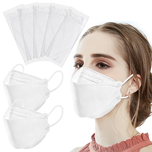 Hubbide 100Pcs White KF94 Masks, Individually Wrapped 3D Fish Type Masks for Adult, 4 Layer Protective Face Mask
