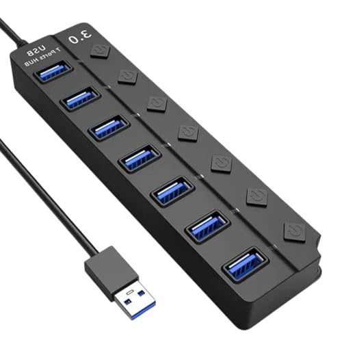 Hub USB 3.0 Com 7 Portas, Botões Individuais, LED, Alta Velocidade (5Gbps) Compatível Com PC Notebook TV Console Mouse PenDrive Teclado Impressora Acabamento Premium