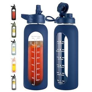 CIVAGO 40 oz Glass Water Bottle with Straw and Handle, Large Sports Motivational Water Bottle Flask with Time Marker and 2 Lids, Leakproof Water Jug Canteen with Silicone Sleeve for Gym,Navy