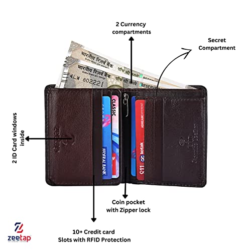 Image of Zeetap Genuine Leather Wallet for Men | RFID Blocking Wallet | Mens Leather Wallet with Zip | Slim Bifold Wallet with 9 Card Slots | Gift for Men (Dark Brown)