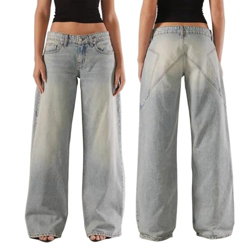 Women Y2K Baggy Low Rise Jeans Straight Wide Leg Boyfriend Trousers Street Trendy Stretch Long Denim Pants