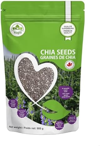 Yogti [Canadian Brand] Raw Black Chia Seeds - 900g, Raw Plant Based SuperFood, Natural, Keto Friendly, Kosher, Halal, Vegan, Source of Omega-3, Nutrient Dense, High Fiber, Rich in Magnesium, A Versatile Superseed for Smoothies, Baking, Salads, and Chia Pudding, Resealable bag - Frech Pack - 900g