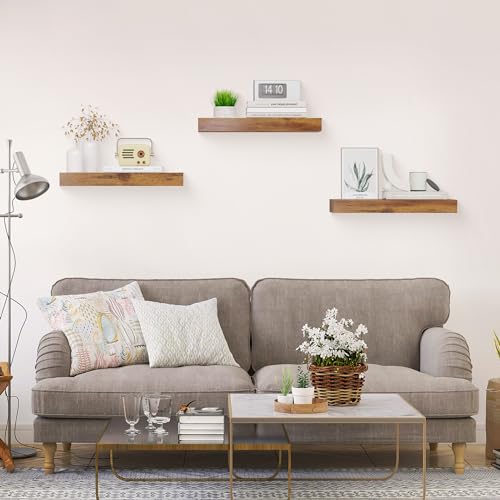 Brown Wood 15 Inch Wall Mount Floating Shelves - Set of 3 for Bedroom Bathroom Kitchen