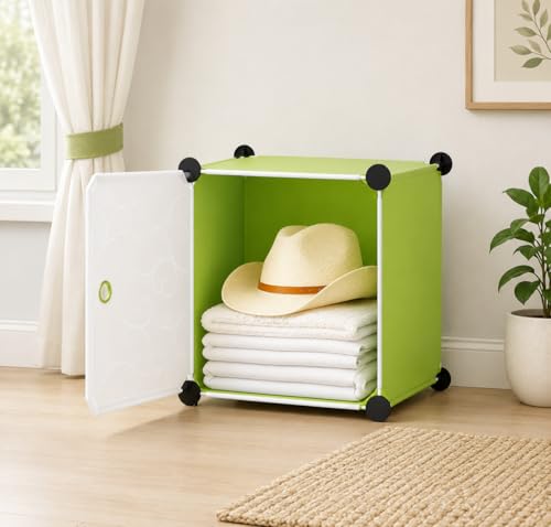 Image of Mevigo 1-Door Plastic Wardrobe for Kids| Almirah and Wardrobe for Baby Clothes| Modular Storage Cabinet with Wheels|Kids Multi-Purpose Collapsible Wardrobe for Shoes /Books-Green-S3