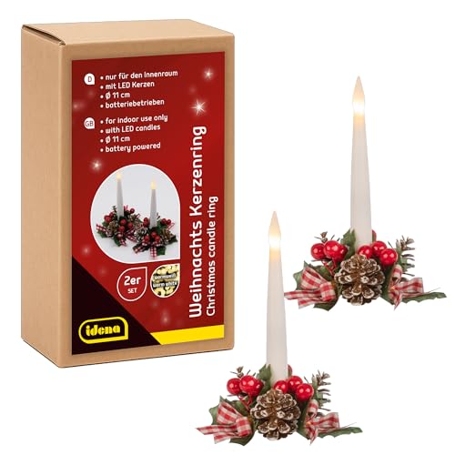 Idena 31905 - Bougies LED avec couronnes de Noël, 2 pièces chacune, anneaux de bougies avec décorations rouges, décoration de Noël pour l'intérieur, bougies à piles