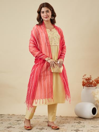 Image of MOKOSH Women's Kurta Pant Dupatta Set | Chinon Embroidered Straight Kurta with Pants and Striped Contrast Organza Dupatta, Traditional Indian Ethnic Suit Set