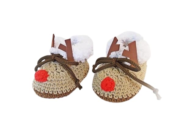Crochet Baby Reindeer Shoes, Christmas Baby Boots, Crochet Santa Shoes (6-9 months)