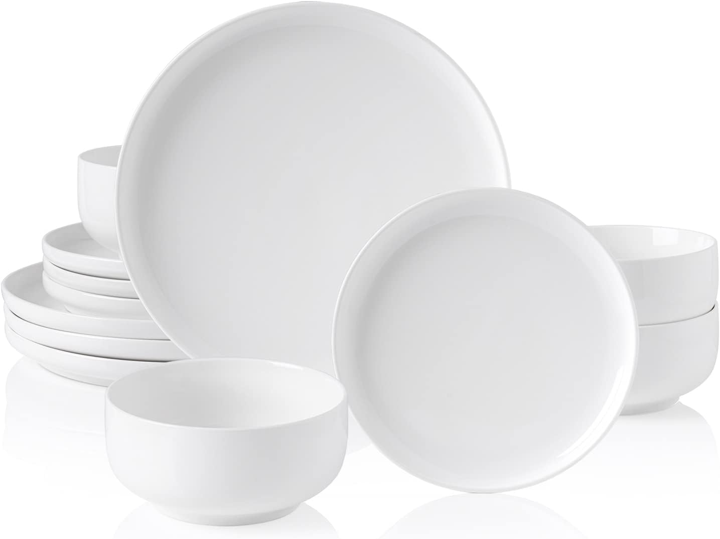 KanwonePorcelain Dinnerware Sets for 4, Round Plates and Bowls Sets, 12 Piece Dish Set with Dinner Plates, Dessert Salad Plates and Cereal Bowls, Microwave, Oven and Dishwasher Safe, White