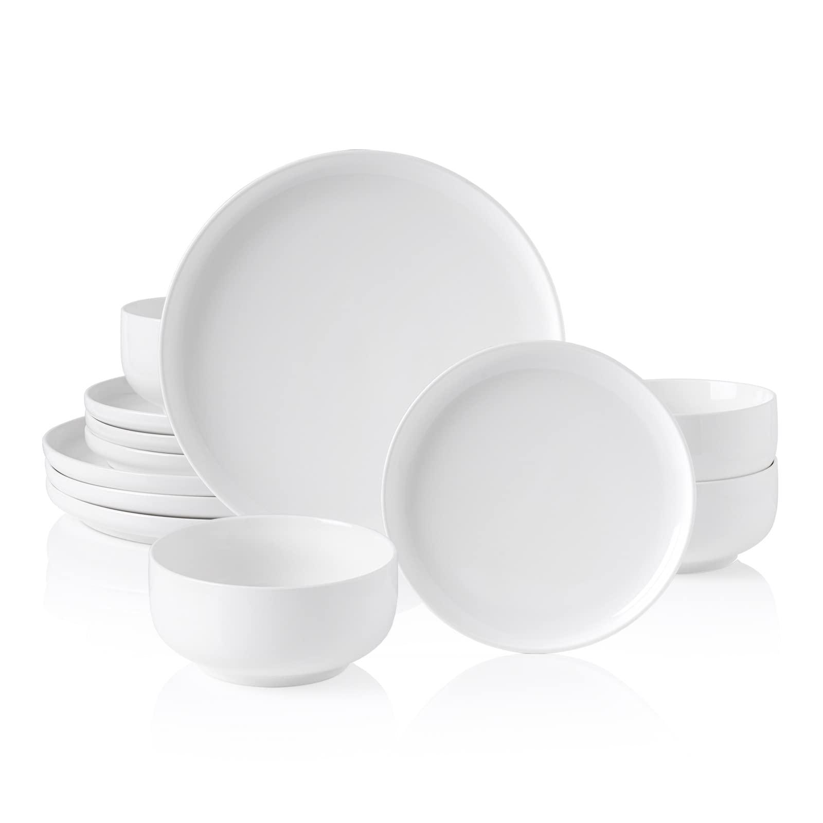 KanwonePorcelain Dinnerware Sets for 4, Round Plates and Bowls Sets, 12 Piece Dish Set with Dinner Plates, Dessert Salad Plates and Cereal Bowls, Microwave, Oven and Dishwasher Safe, White