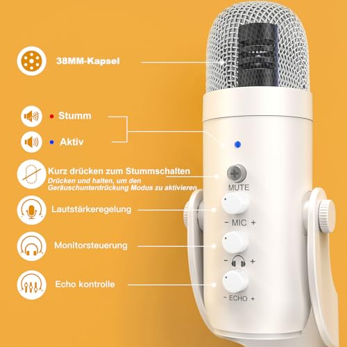 zealsound USB Mikrofon, Podcast Mikrofon für PC, iPhone & Handy, Perlweiß – Ansicht 4