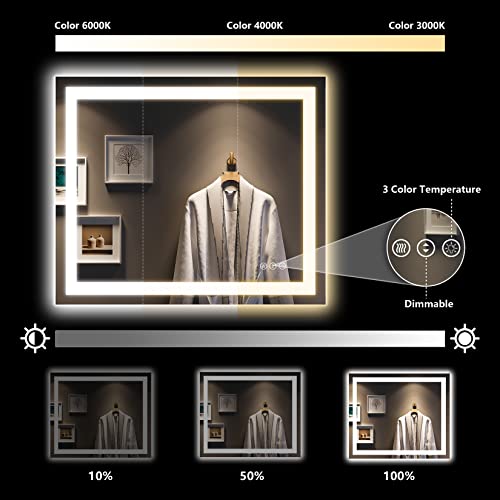 Image of 40x32 Inch LED Bathroom Mirror with Lights Front and Backlit Lighted Vanity Mirror for Bathroom Wall with 3 Colors Dimmable Anti-Fog Memory Shatter-Proof IP54 Waterproof Horizontal /Vertical