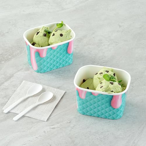 Image of Restaurantware Paper Cups 50 Count 12 Ounce Square Disposable Ice Cream Containers, Leak-Resistant Paper Dessert To Go Cups, Hot And Cold Food, Durable Bubblegum Splash Design