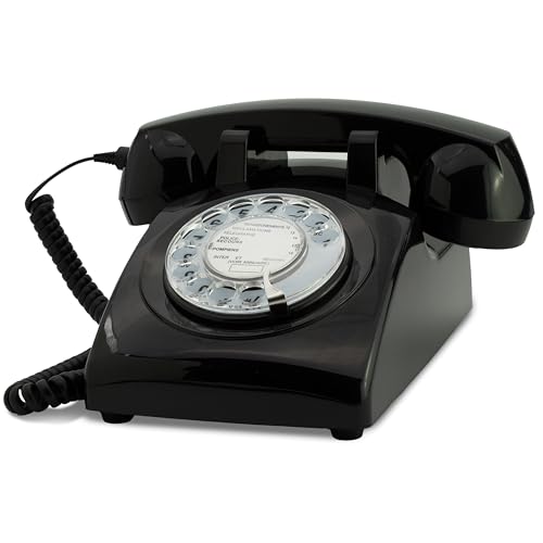 Opis Technology 60s Cable: The Retro Rotrary Phone with old fashioned dial and metall bell ringer - an analogue landline house telephone that fits modern connections, boxes and routers in Black