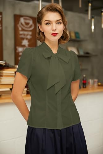 Image of Belle Poque Summer Short Sleeve Office Button Down Blouse Stripe Shirt Tops with Bow Tie BP573