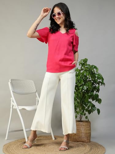 Image of oxolloxo Women Solid V-Neck Short Sleeve Cold Shoulder Yarn-Dyed Dobby Top