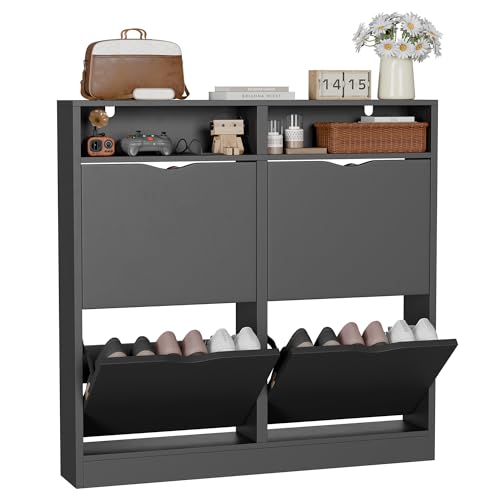 ELUCHANG Schuhschrank schmal mit 4 Klappen Platzsparender, Geschlossen Schuhregal Schuhkipper...