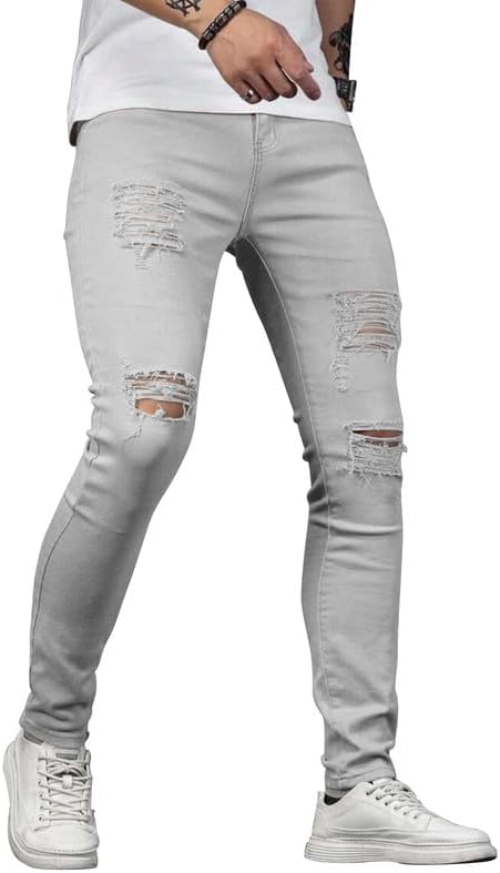 HUNGSON Men's Blue Slim Fit Jeans Stretch Destroyed Ripped Skinny Jeans Side Striped Denim Pants - Image 4