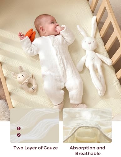 Image of Momcozy Muslin Standard Fitted Crib Sheets, 52 inchx28 inch, 2 Pack Soft Breathable Natural Cotton Baby Mattress Sheet, 360 Mattress Wrapping No Slip Boys Girls Neutral Toddler Bed Sheet, Bravery Giraffe