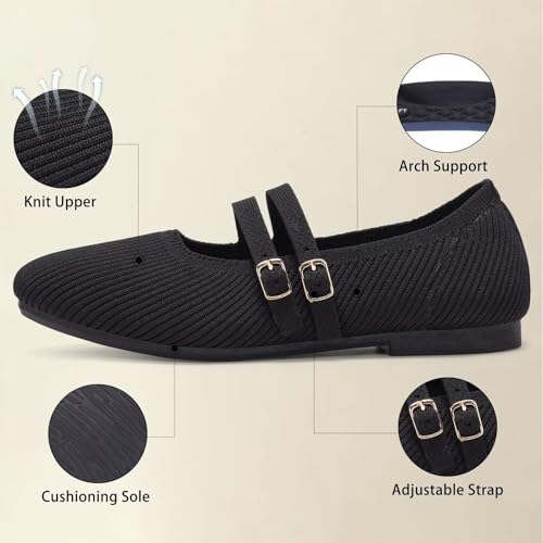 Image of Frank Mully Women's Flats Square Toe Mary Jane Shoes Ballet Flats with Strap Comfortable Slip On Knit Shoes Dressy Casual