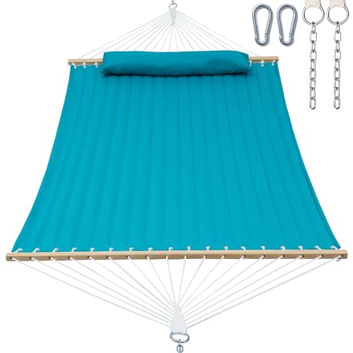Image of GAFETE Hammock 2 Person Quilted Fabric Hammocks for Outside, Double 12ft Hammocks with Spreader Bar, Large Removable Pillow, Storage Bag, Carabiners, Max 475 lbs Capacity (Canyon Creek Aqua)