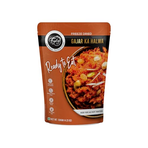 Image of FzyEzy Freeze Dried Gajar Ka Halwa | Ready to Eat Indian Dessert | Traditional Carrot Halwa with Almonds & Pista | Preservative Free | Instant Sweet Dish | 120g