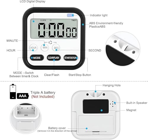 Image of Digital Timer & Stopwatch with Large LCD Screen, Magnetic Back & Retractable Stand, Loud Alarm Countdown Timer for Students, Kitchen & Office (Black)