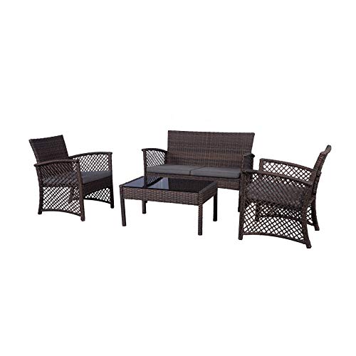 Image of Carry Bird 4 Piece PE Wicker Rattan Outdoor Furniture | 4 Seater Balcony Sofa With Tea Table | Set of 2+1+1 Outdoor Patio Chairs with Coffee Table | Sofa Sets & Center Table for Home & Garden | 3 Piece Patio Stools with Table | Indoor Patio Furniture Set Space Saving | Rattan Chair | Patio Set | Wicker Conversation Set | Poolside Lawn Arm Chairs Set For Balcony & Terrace | Balcony Table chair Set | Hotel Patio Seating Chair & Table Set with Glass | LightBrown Sofa Grey Cushion