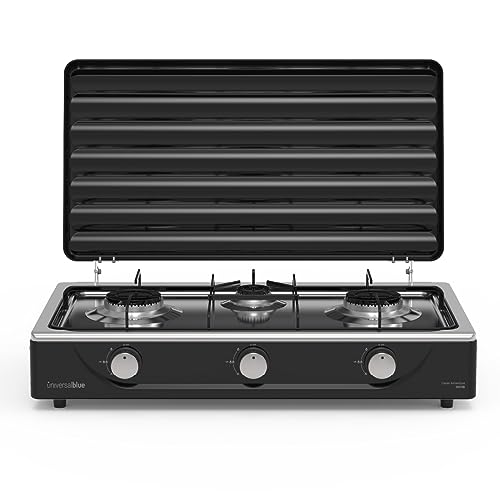 UNIVERSALBLUE Cocina de Gas Portátil Plus | Camping Gas | 3 Fuegos | Acabado en Negro + Tapa | 5400...