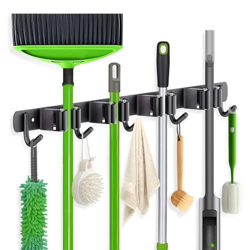 ZONGOOL Wall Mount Broom Holder 4 Racks 5 Hooks Metal Tool Organizer Black