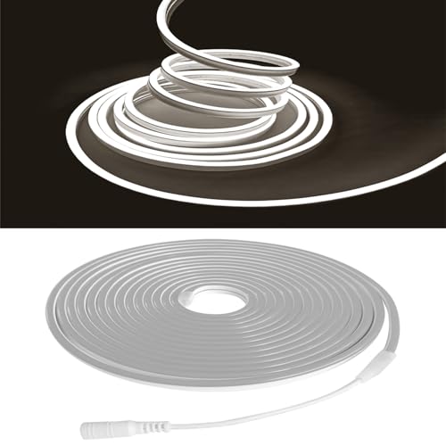 Image of dobestyou White Neon LED Strip Lights, 16.4ft 12V DC 600 SMD2835 LEDs Waterproof Flexible Rope Light for Indoor & Outdoor Home Decoration (Power Adapter Not Included)