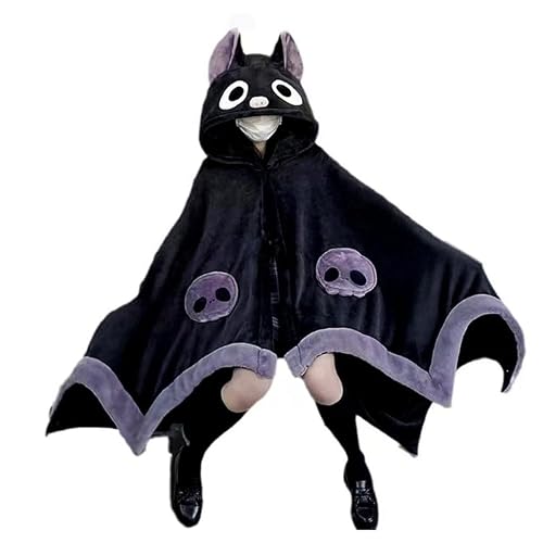Cute Halloween Wearable Blanket Hoodie Free Size for Adults Devil Bat Hooded Blanket Oversized Soft Sherpa Hoodie Women Throw Cloak Wrap with Demon Wings for Men Child Student