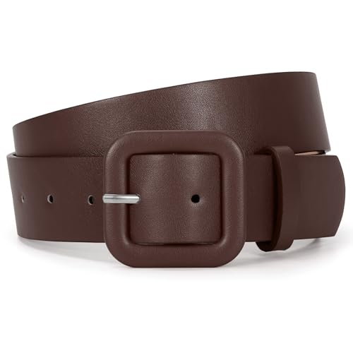JASGOOD Women’s Leather Belt for Jeans Pants Candy Color Fashion Square Buckle Ladies Belts for Dresses, Coffee, Fits Waist Size 25"-30"
