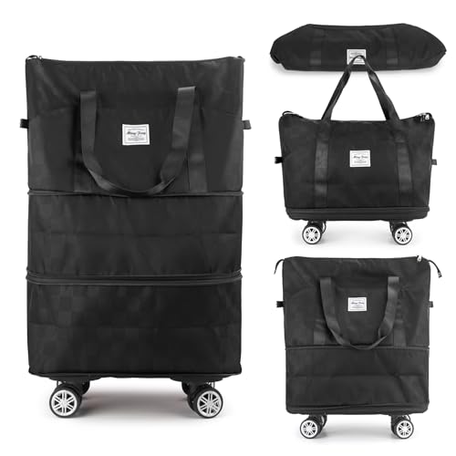 Zoofen Foldable Duffel Bag Expandable Travel Bag with Removable Wheels for Travel/Camping(Black)