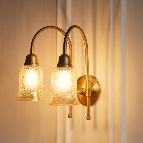 Image of Divine Trends Double Hockey Wall Lamp Antique Brass Finish with Chimney Crackled Glass Shade for Living Room, Bedroom, Home Decoration Wall Light - Pack of 1