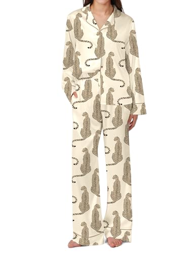 Image of SHESHOW Satin Pajamas Set for Women Set Long Sleeve Button Down Pjs Sets 2 Piece Loungewear Animal Sleepwear XS-XXL