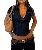 Retro High Waisted Blouses Womens Sexy Slim Fit Lapel Single Breasted Tops Y2k Denim T-Shirt (Blue,Medium)