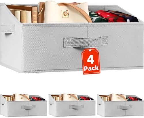 Criusia Closet Organizers Bins 4 Pack – Large Collapsible Shelf Organizer with Handles – Fabric Trapezoid Home Organization and Storage Baskets for Organizing Clothes Toy Blanket Towel Purse Hats