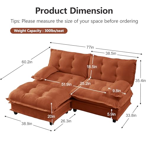Image of 77 inch Sectional Sleeper Sofa with Ottoman, L Shaped Modular Deep Seat Couches for Living Room Apartment, Flexible Module Combination Cloud Sofa with Spring Support, Easy Assembly, Orange