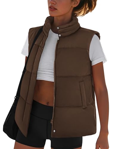Zeagoo Puffer Vest For Women Sleeveless Puffy Vests Outerwear Fall Winter Ladies Trendy Outfits with Pockets Brown XXL
