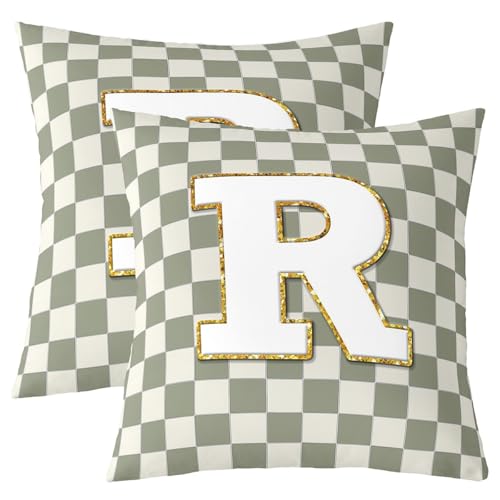 Image of Erosebridal Sage Green Checkered Throw Pillow Covers 20x20 Set of 2 Plaid Initial R Pillow Covers Personalized Monogram Cushion Cover Fashion Grids Gingham Pillow Cases for Couch Sofa
