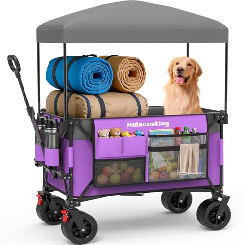 Holacamking Collapsible Canopy Wagon Cart Heavy Duty Utility Wagon with Removable Sun Cover All-Terrain Big Wheels Dual Brakes Extra Large Grocery Cart for Beach Camping Sports Tailgates (Purple)