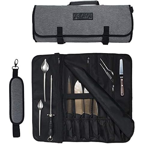Asaya Chef Knife Roll Bag - 20 Total Pockets for Knives and Kitchen Utensils - Made with Stain Resistant Waxed Nylon - For Chefs and Culinary Students - Knives Not Included(Grey) Cover