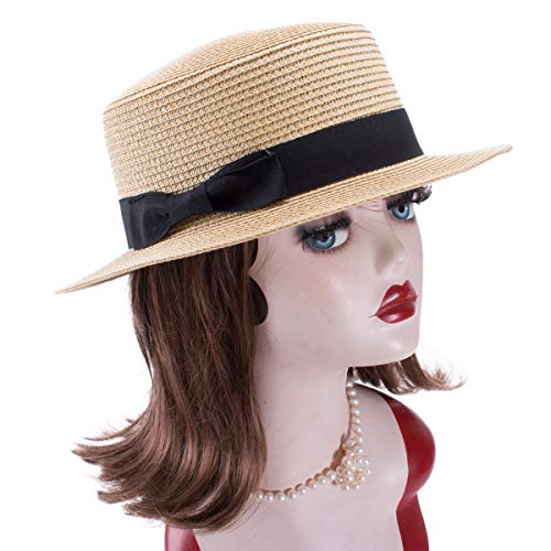 Lawliet Womens Straw Boater Hat Fedora Panama Flat Top Ribbon Summer A456 (Natural) - Thumbnail 4