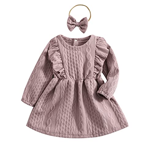Baby Girl Knit Dress Long Sleeves Sweater Dress Toddler Fall Winter Outfits with Bowtie (Pink, 12-18 Months)