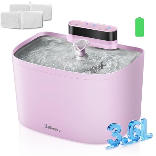 Bellkaspet Cat Water Fountain, 122oz/3.6L Pumpless Cat Fountain, Cordless Water Fountains for Cats Indoor, Dog Pet Water Fountain Battery Operated with Stainless Steel Tray (Pink, Fountain+2 Fliters)