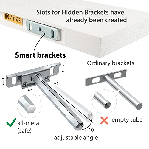 Baobab Workshop Floating Wood Shelves Set Of 2 - Rustic Shelf 16 Inch - Handcrafted - Wide Wooden Wall Shelves For Living Room Bedroom Kitchen Bathroom Farmhouse - White Color - 16" X 6.7" #TOP1