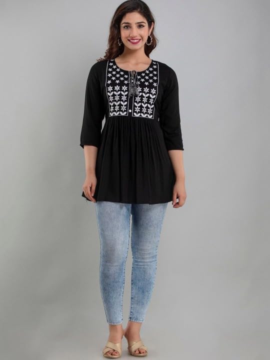 Image of Avayayat Women's Rayon Classic Heavy Embroidery Top with Beautifull Tassels at Front and on Both Sleeves Regular Fit Office Wear Festival Tunic Jeans Summer