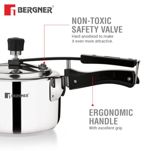 Image of Bergner Aragon Inner Lid Stainless Steel Pressure Cooker 3 Litres, Triply Bottom Design, Non-Toxic Safety Valve, Ergonomic Handle, Mirror Finish, Easy to Use and Clean - Induction and Gas Stove Ready