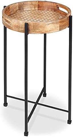 Round Wood & Metal Side Table, Removable Tray, Hand-Made in India. Foldable Stand, Beautiful Accent End Table for Small Spaces - Living or Dining Room, Bathroom, Patio - or as Bedroom Nightstand
